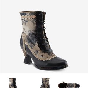 Floral Lace-Up Heeled Ankle Boots in Black and Beige